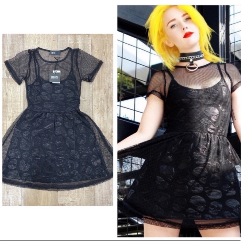NEW! IRON FIST Skullz Club Black Sheer Mesh Skull Fit Flare Mini Dress Babydoll
